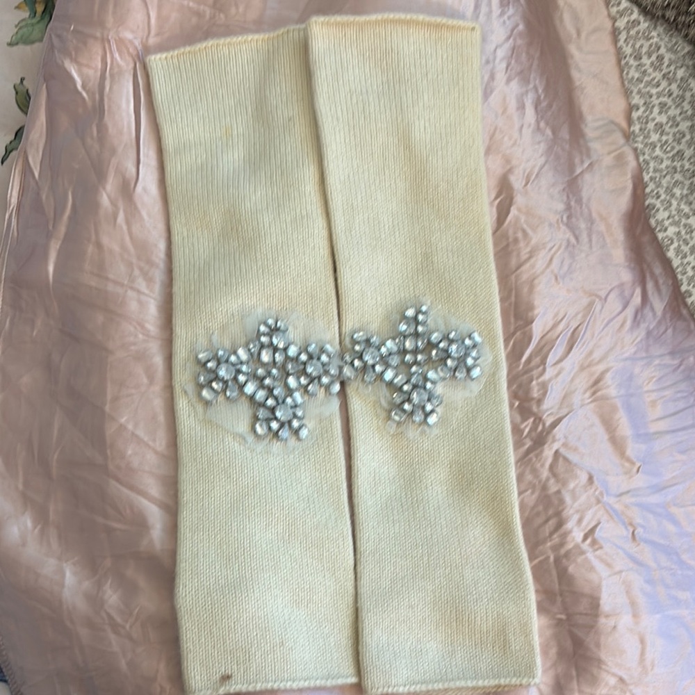 Cream Cashmere Knit Warmers with Pearl Embellishments